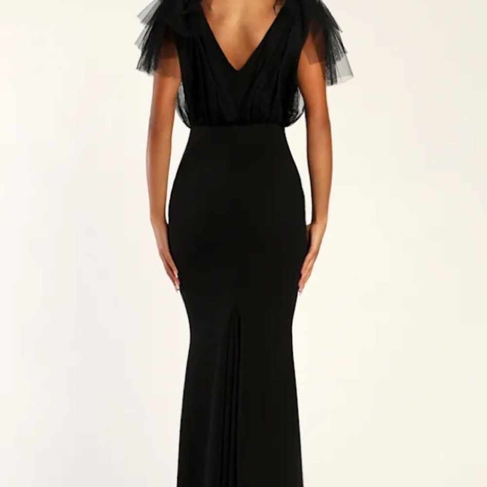 Lulu's Elegant Black Tulle Flutter Sleeve Mermaid Maxi Dress - Picture 2 of 3